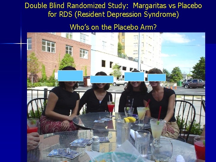 Double Blind Randomized Study: Margaritas vs Placebo for RDS (Resident Depression Syndrome) Who’s on