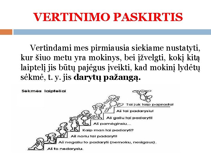 VERTINIMO PASKIRTIS Vertindami mes pirmiausia siekiame nustatyti, kur šiuo metu yra mokinys, bei įžvelgti,