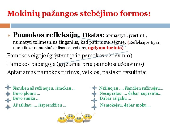 Mokinių pažangos stebėjimo formos: Ø Pamokos refleksija. Tikslas: apmąstyti, įvertinti, numatyti tolimesnius žingsnius, kad