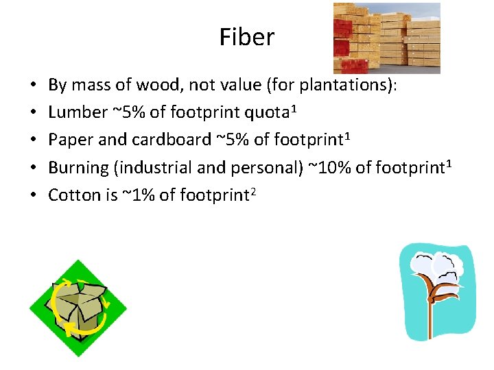 Fiber • • • By mass of wood, not value (for plantations): Lumber ~5%