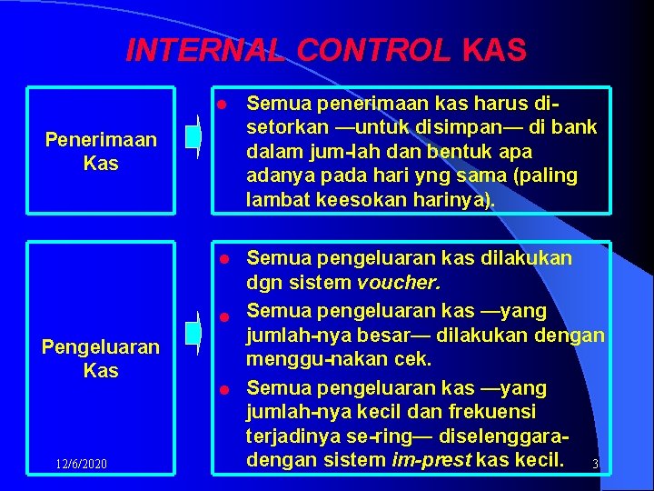 INTERNAL CONTROL KAS l Semua penerimaan kas harus disetorkan —untuk disimpan— di bank dalam