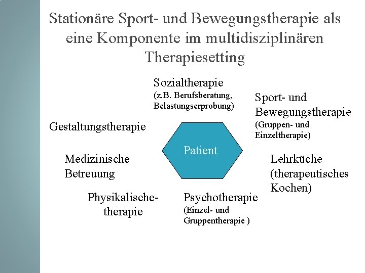 Stationäre Sport- und Bewegungstherapie als eine Komponente im multidisziplinären Therapiesetting Sozialtherapie (z. B. Berufsberatung,