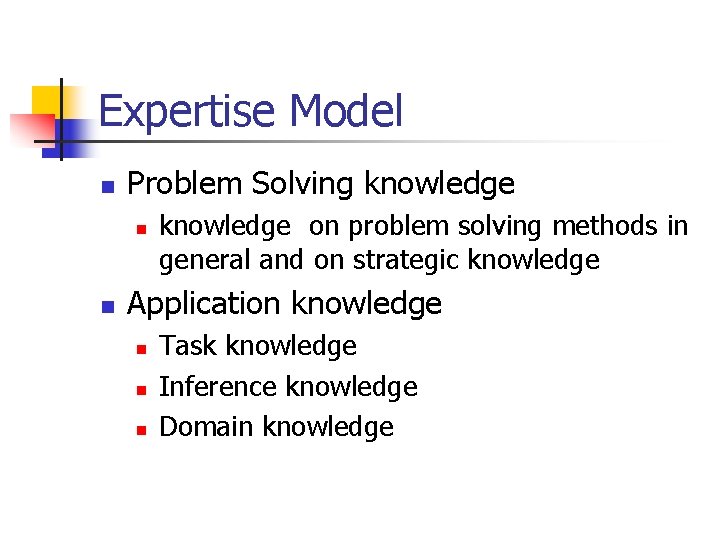 Expertise Model n Problem Solving knowledge n n knowledge on problem solving methods in