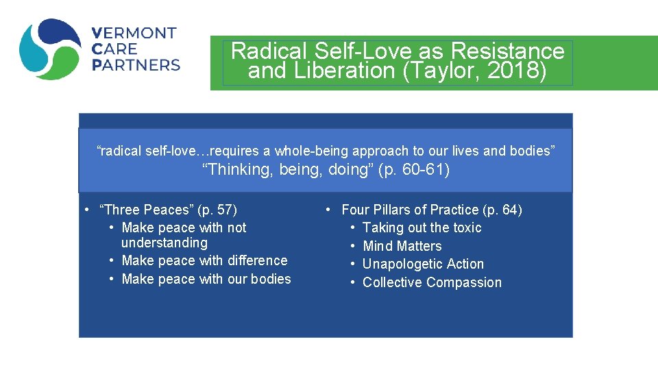 Radical Self-Love as Resistance and Liberation (Taylor, 2018) “radical self-love…requires a whole-being approach to