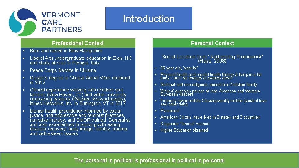 Introduction Professional Context • Born and raised in New Hampshire • Liberal Arts undergraduate