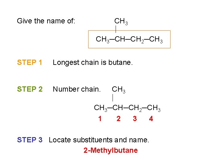 Give the name of: CH 3─CH─CH 2─CH 3 STEP 1 Longest chain is butane. Give the name of: CH 3─CH─CH 2─CH 3 STEP 1 Longest chain is butane.