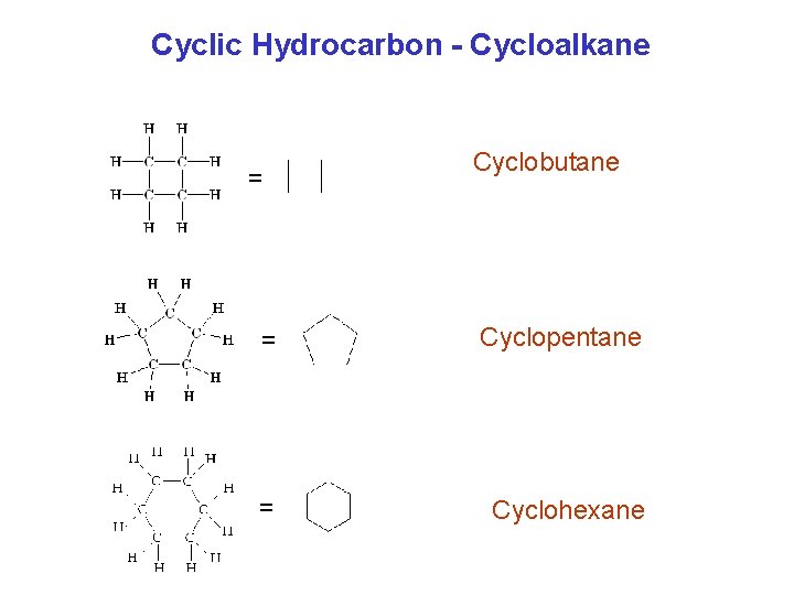 Cyclic Hydrocarbon - Cycloalkane = Cyclobutane = Cyclopentane = Cyclohexane  Cyclic Hydrocarbon - Cycloalkane = Cyclobutane = Cyclopentane = Cyclohexane