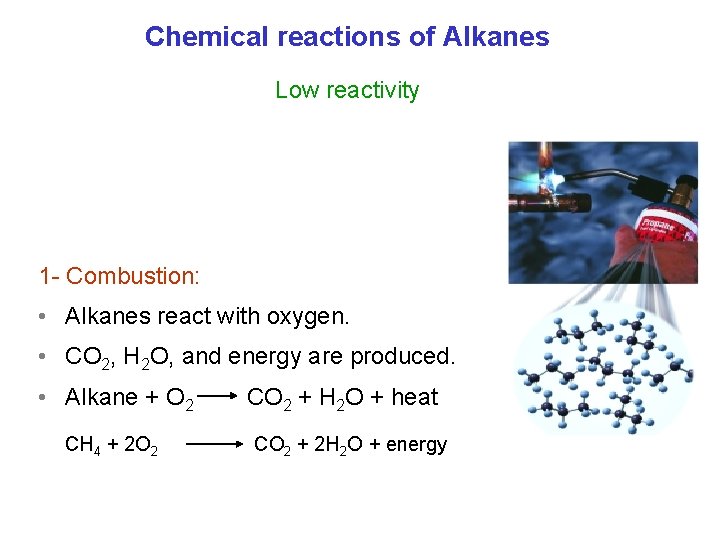 Chemical reactions of Alkanes Low reactivity 1 - Combustion: • Alkanes react with oxygen. Chemical reactions of Alkanes Low reactivity 1 - Combustion: • Alkanes react with oxygen.