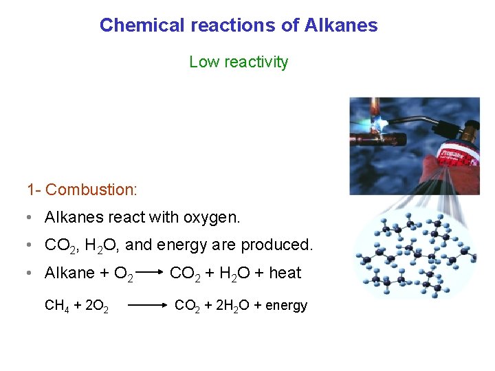 Chemical reactions of Alkanes Low reactivity 1 - Combustion: • Alkanes react with oxygen.