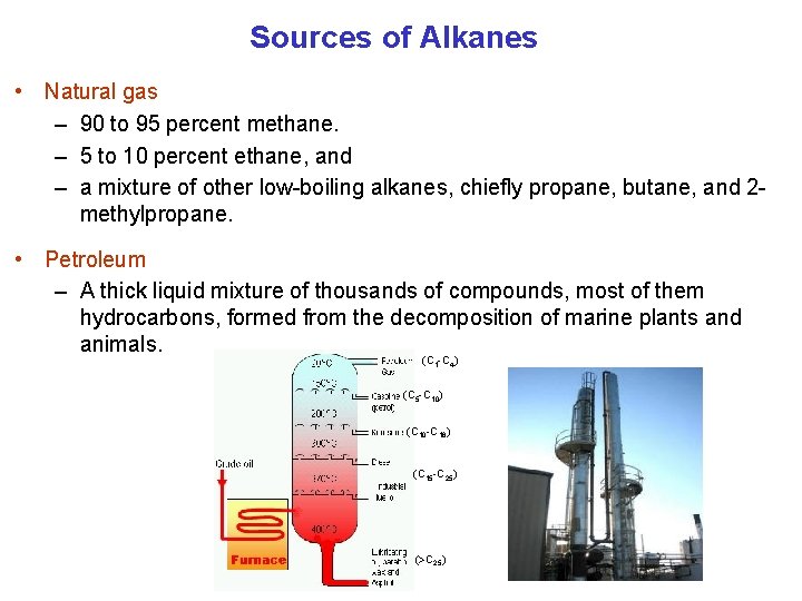 Sources of Alkanes • Natural gas – 90 to 95 percent methane. – 5
