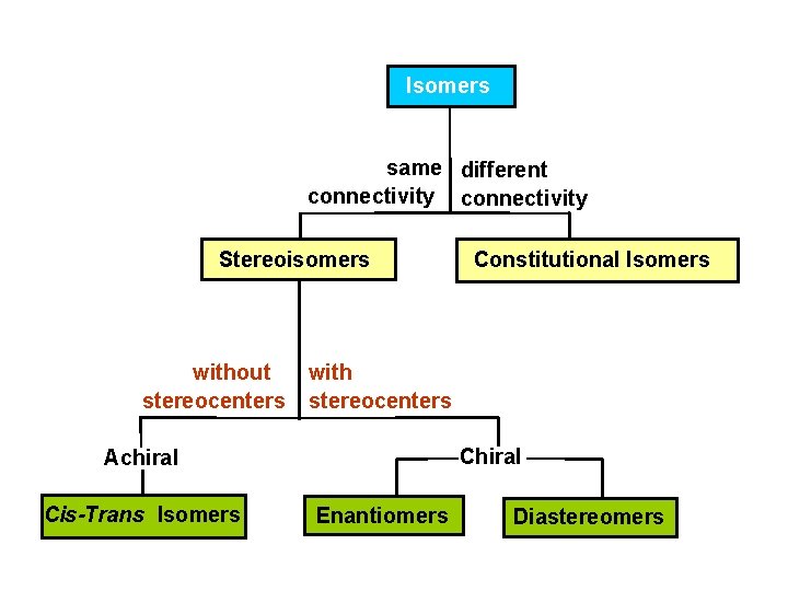 Isomers same different connectivity Stereoisomers without stereocenters with stereocenters Chiral Achiral Cis-Trans Isomers Constitutional Isomers same different connectivity Stereoisomers without stereocenters with stereocenters Chiral Achiral Cis-Trans Isomers Constitutional