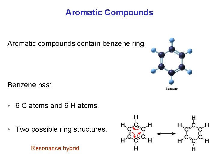 Aromatic Compounds Aromatic compounds contain benzene ring. Benzene has: • 6 C atoms and