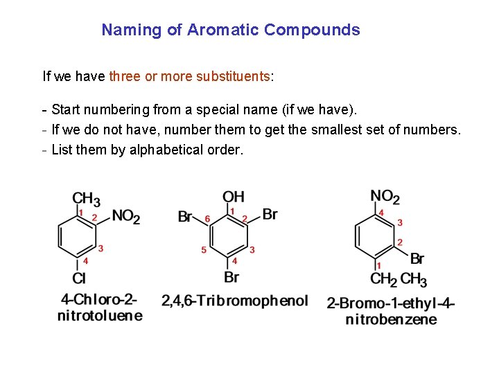 Naming of Aromatic Compounds If we have three or more substituents: - Start numbering Naming of Aromatic Compounds If we have three or more substituents: - Start numbering
