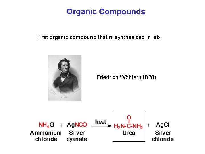 Organic Compounds First organic compound that is synthesized in lab. Friedrich Wöhler (1828) 