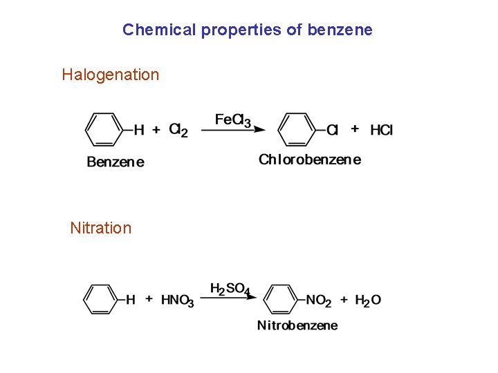 Chemical properties of benzene Halogenation Nitration 