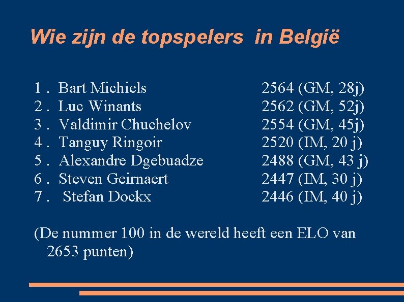 Wie zijn de topspelers in België 1. 2. 3. 4. 5. 6. 7. Bart