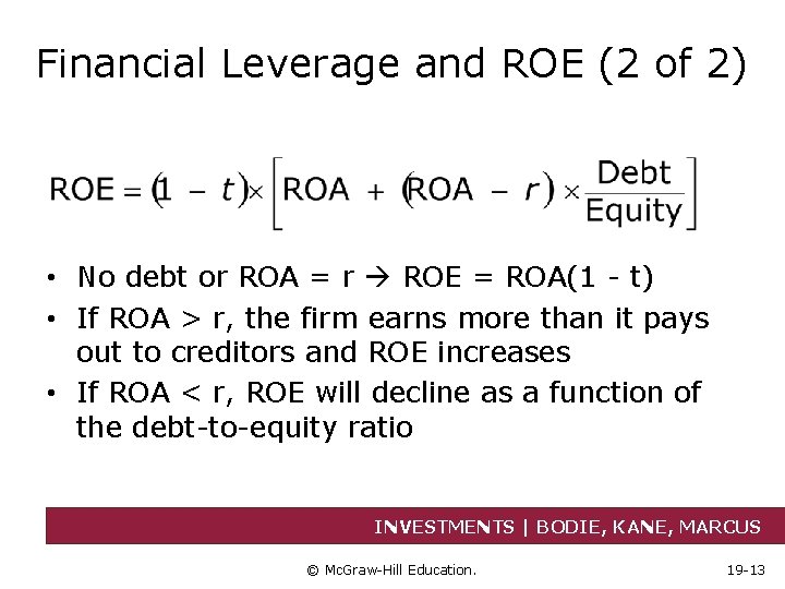 Financial Leverage and ROE (2 of 2) • No debt or ROA = r