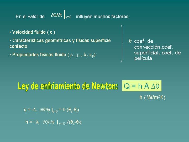 En el valor de / t | y=0 influyen muchos factores: • Velocidad fluido