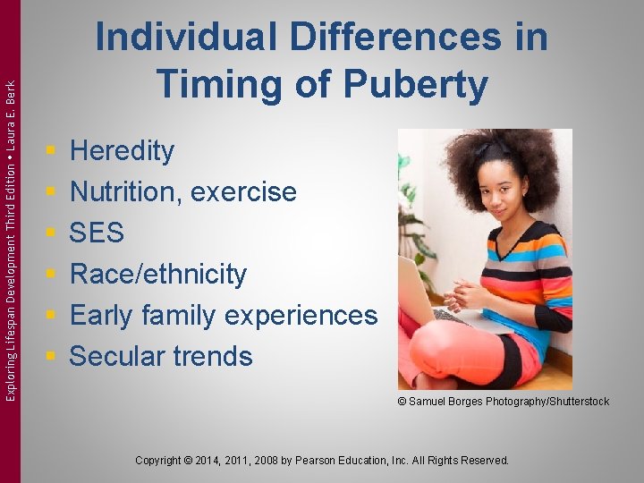 Exploring Lifespan Development Third Edition Laura E. Berk Individual Differences in Timing of Puberty
