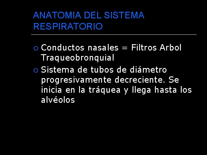 ANATOMIA DEL SISTEMA RESPIRATORIO Conductos nasales = Filtros Arbol Traqueobronquial Sistema de tubos de
