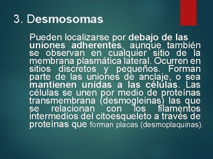 3. Desmosomas Pueden localizarse por debajo de las uniones adherentes, aunque también se observan