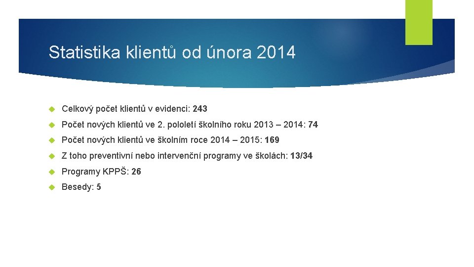 Statistika klientů od února 2014 Celkový počet klientů v evidenci: 243 Počet nových klientů