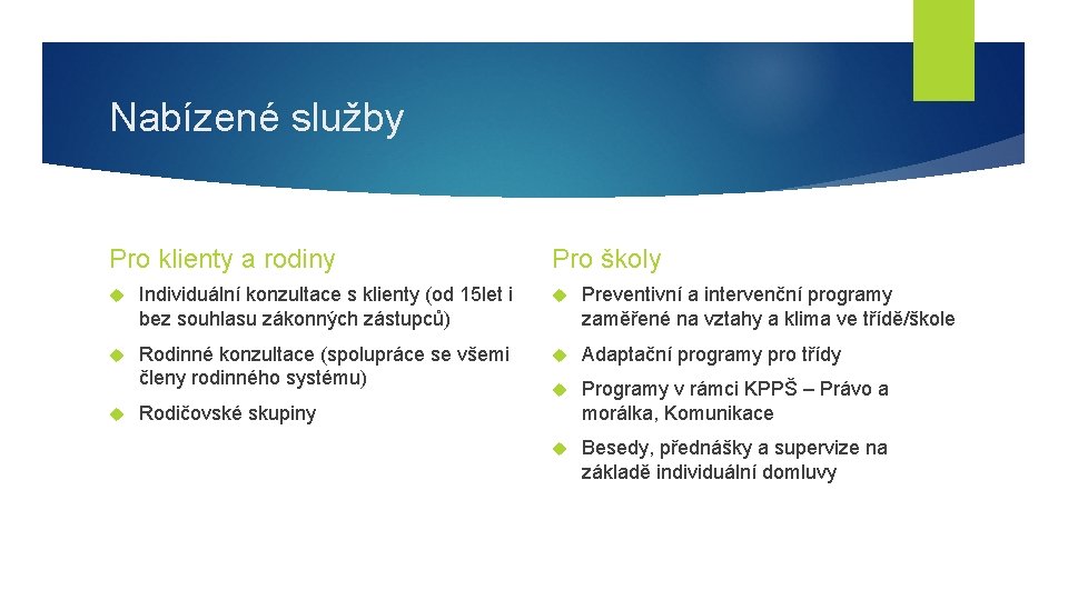 Nabízené služby Pro klienty a rodiny Pro školy Individuální konzultace s klienty (od 15