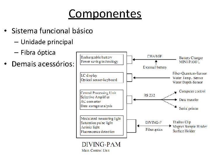 Componentes • Sistema funcional básico – Unidade principal – Fibra óptica • Demais acessórios: