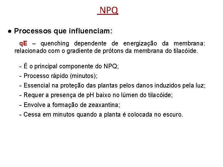 NPQ ● Processos que influenciam: q. E – quenching dependente de energização da membrana: