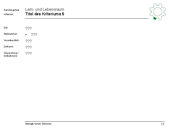 Handlungsfeld Kriterium Lern- und Lebensraum Titel des Kriteriums 5 Ziel ? ? ? Maßnahmen