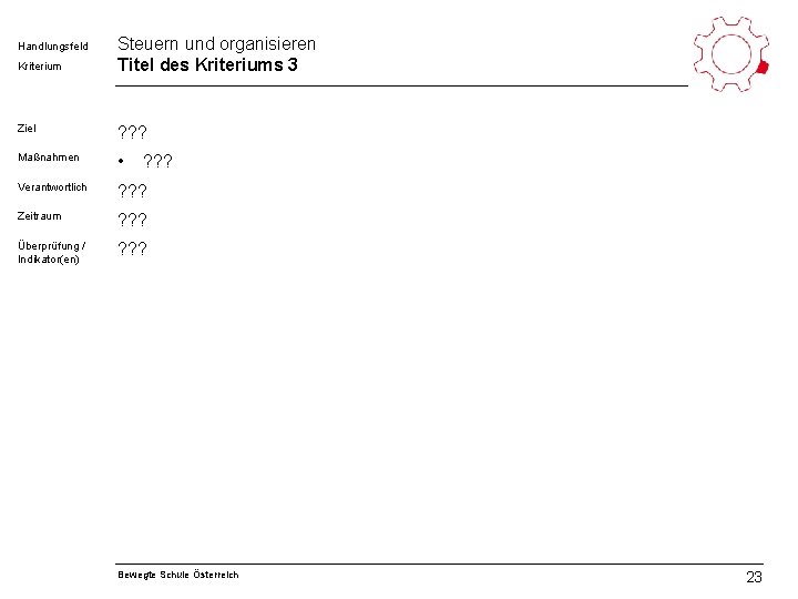 Handlungsfeld Kriterium Steuern und organisieren Titel des Kriteriums 3 Ziel ? ? ? Maßnahmen