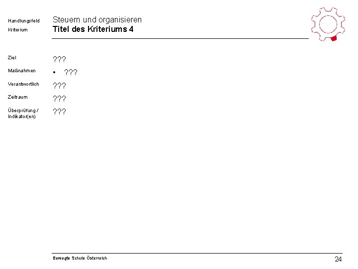 Handlungsfeld Kriterium Steuern und organisieren Titel des Kriteriums 4 Ziel ? ? ? Maßnahmen