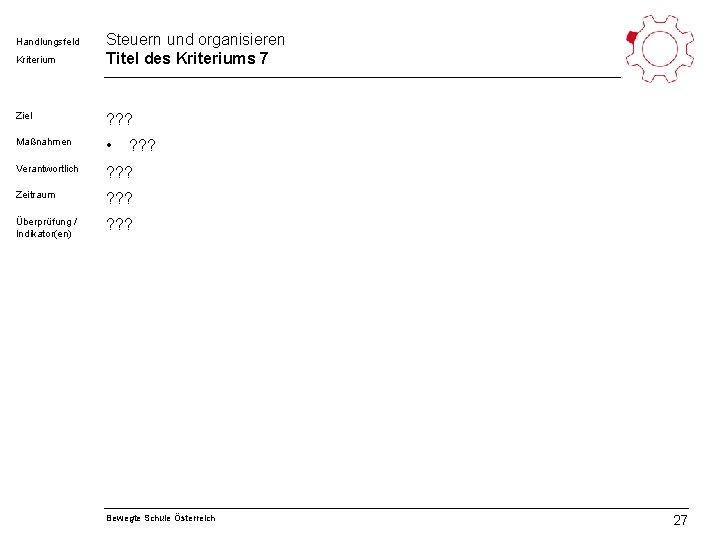 Handlungsfeld Kriterium Steuern und organisieren Titel des Kriteriums 7 Ziel ? ? ? Maßnahmen