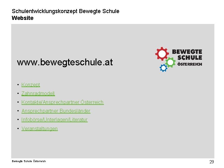 Schulentwicklungskonzept Bewegte Schule Website www. bewegteschule. at • Konzept • Zahnradmodell • Kontakte/Ansprechpartner Österreich