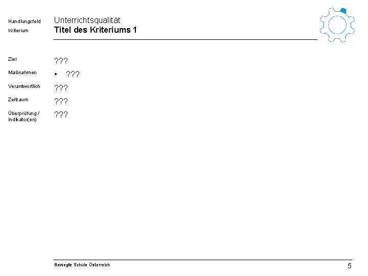 Handlungsfeld Kriterium Unterrichtsqualität Titel des Kriteriums 1 Ziel ? ? ? Maßnahmen • Verantwortlich