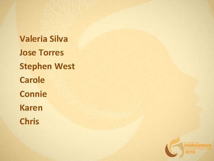 Valeria Silva Jose Torres Stephen West Carole Connie Karen Chris Valeria Silva Jose Torres Stephen West Carole Connie Karen Chris