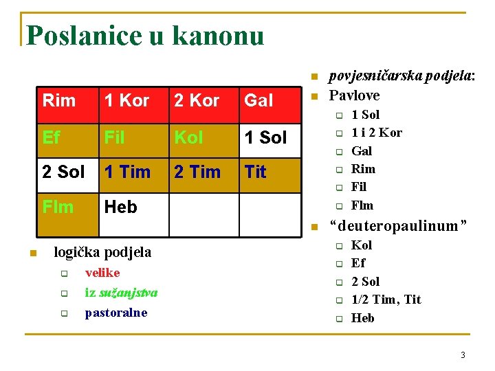 Poslanice u kanonu n Rim 1 Kor 2 Kor Gal n povjesničarska podjela: Pavlove