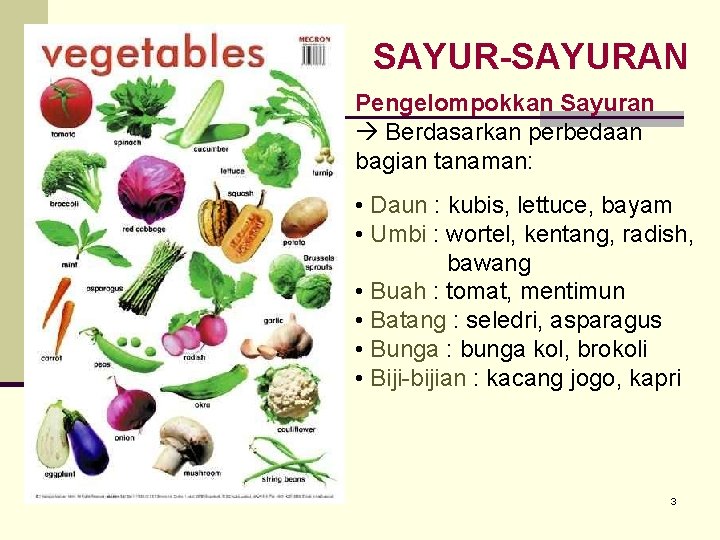 SAYUR-SAYURAN Pengelompokkan Sayuran Berdasarkan perbedaan bagian tanaman: • Daun : kubis, lettuce, bayam •