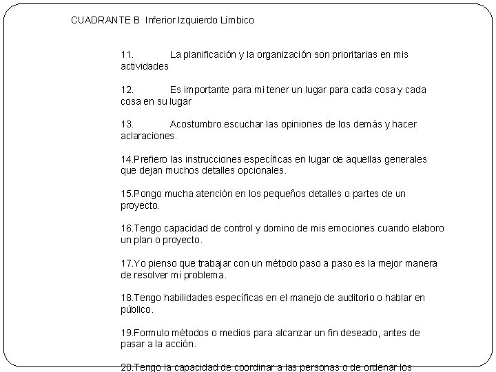 CUADRANTE B Inferior Izquierdo Límbico 11. La planificación y la organización son prioritarias en