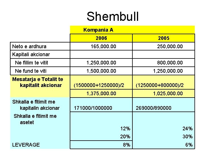 Shembull Kompania A 2006 2005 Neto e ardhura 165, 000. 00 250, 000. 00