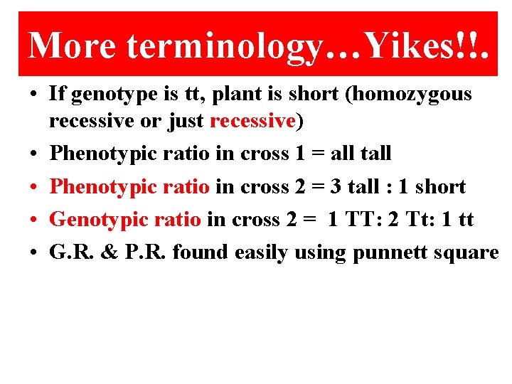 More terminology…Yikes!!. • If genotype is tt, plant is short (homozygous recessive or just