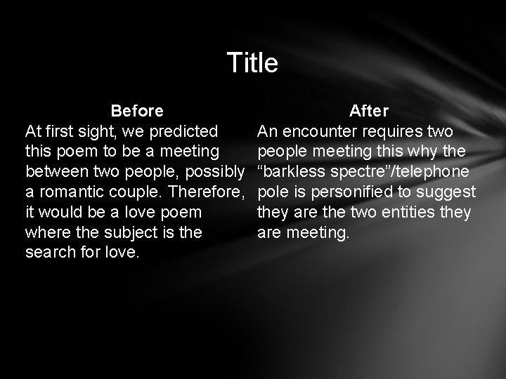 Title Before At first sight, we predicted this poem to be a meeting between