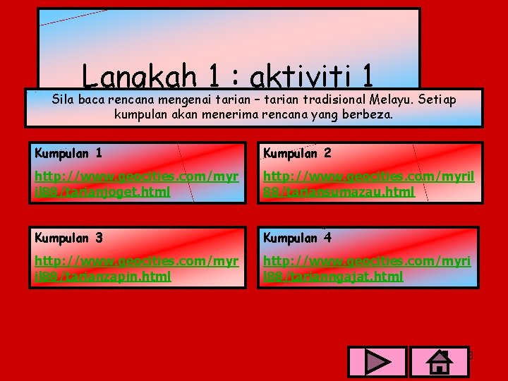 Langkah 1 : aktiviti 1 Sila baca rencana mengenai tarian – tarian tradisional Melayu.
