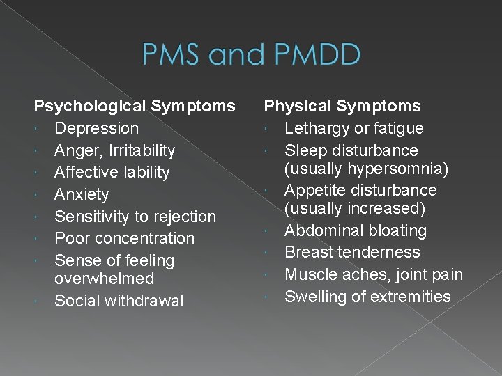 Psychological Symptoms Depression Anger, Irritability Affective lability Anxiety Sensitivity to rejection Poor concentration Sense