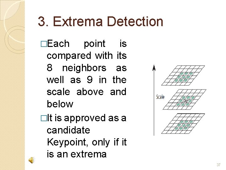 3. Extrema Detection �Each point is compared with its 8 neighbors as well as