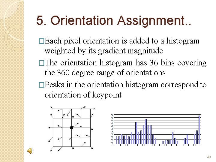 5. Orientation Assignment. . �Each pixel orientation is added to a histogram weighted by