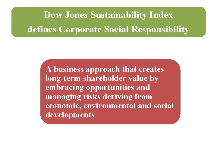 Dow Jones Sustainability Index defines Corporate Social Responsibility A business approach that creates long-term