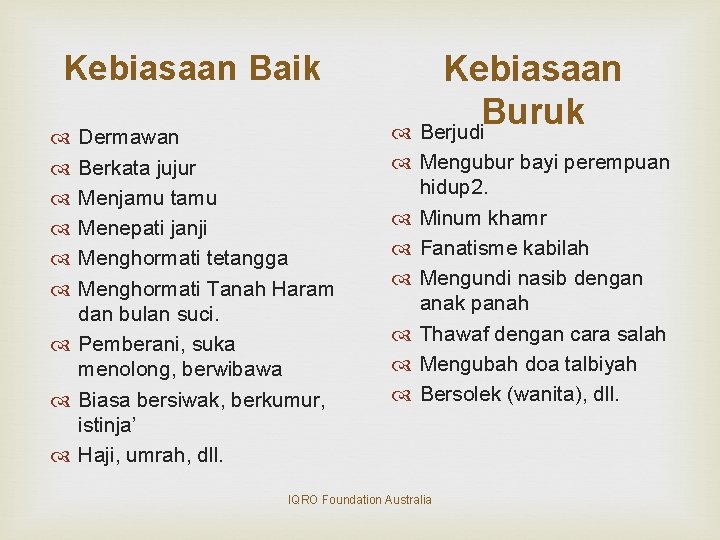 Kebiasaan Baik Dermawan Berkata jujur Menjamu tamu Menepati janji Menghormati tetangga Menghormati Tanah Haram