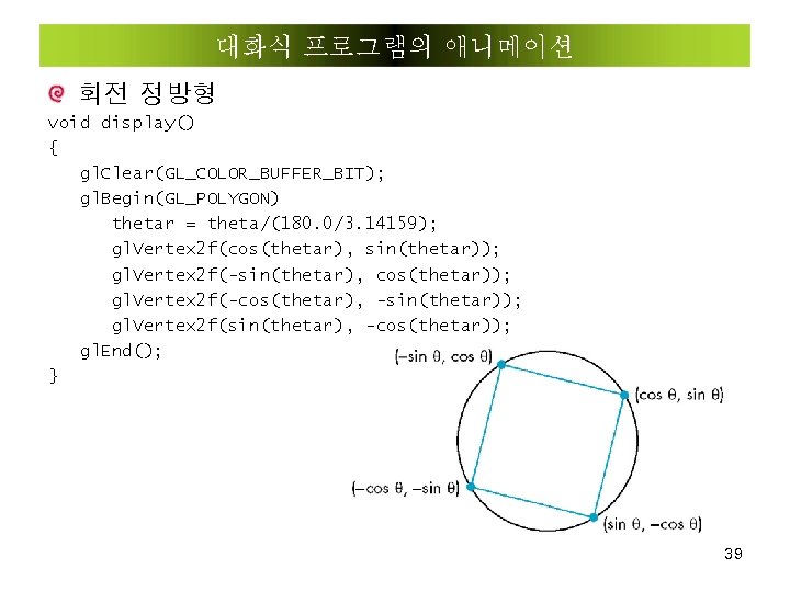 대화식 프로그램의 애니메이션 회전 정방형 void display() { gl. Clear(GL_COLOR_BUFFER_BIT); gl. Begin(GL_POLYGON) thetar =