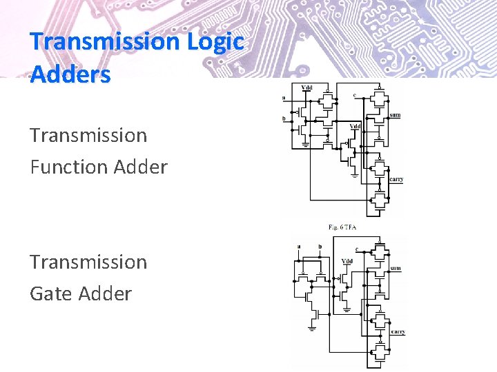 Transmission Logic Adders Transmission Function Adder Transmission Gate Adder 